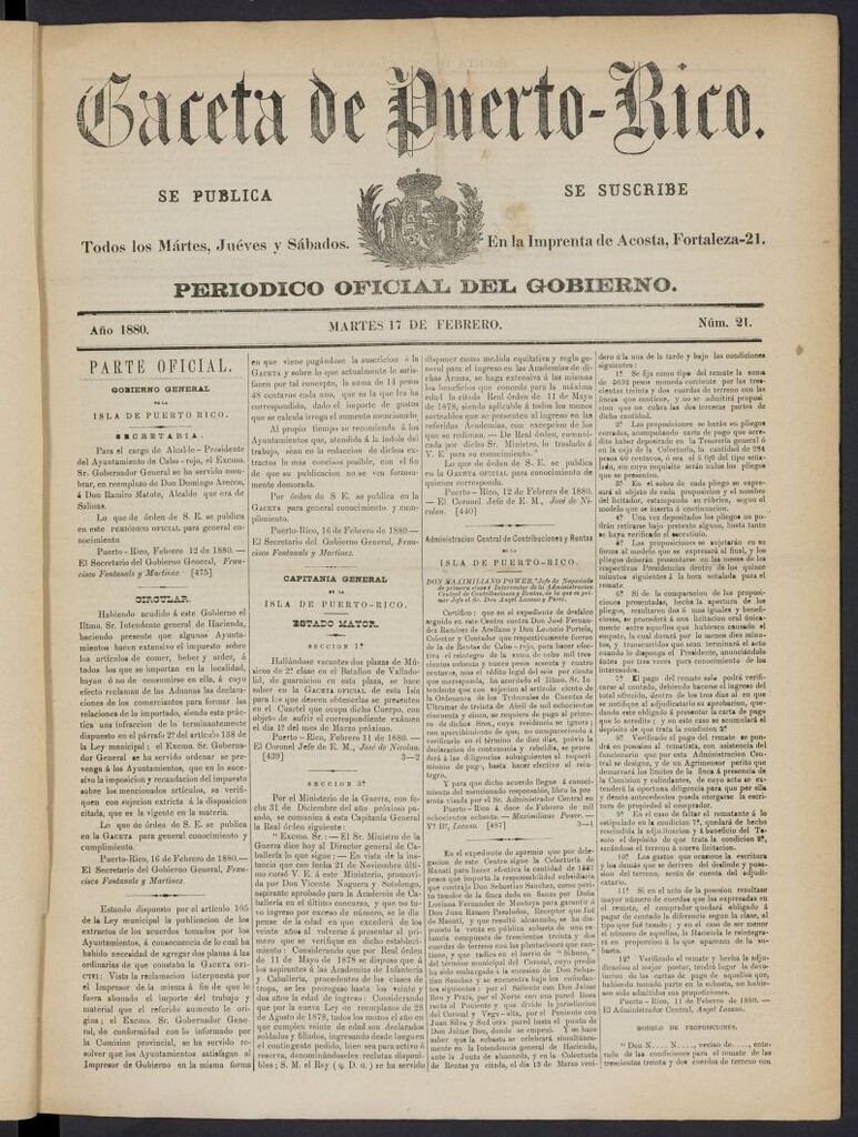 Miniatura de Gaceta de Puerto Rico: periódico oficial del gobierno del 17 de febrero de 1880, nº 21