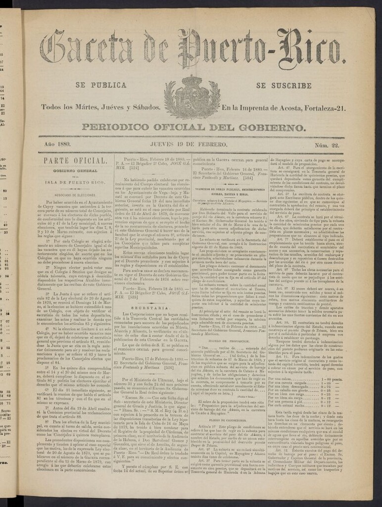 Miniatura de Gaceta de Puerto Rico: periódico oficial del gobierno del 19 de febrero de 1880, nº 22