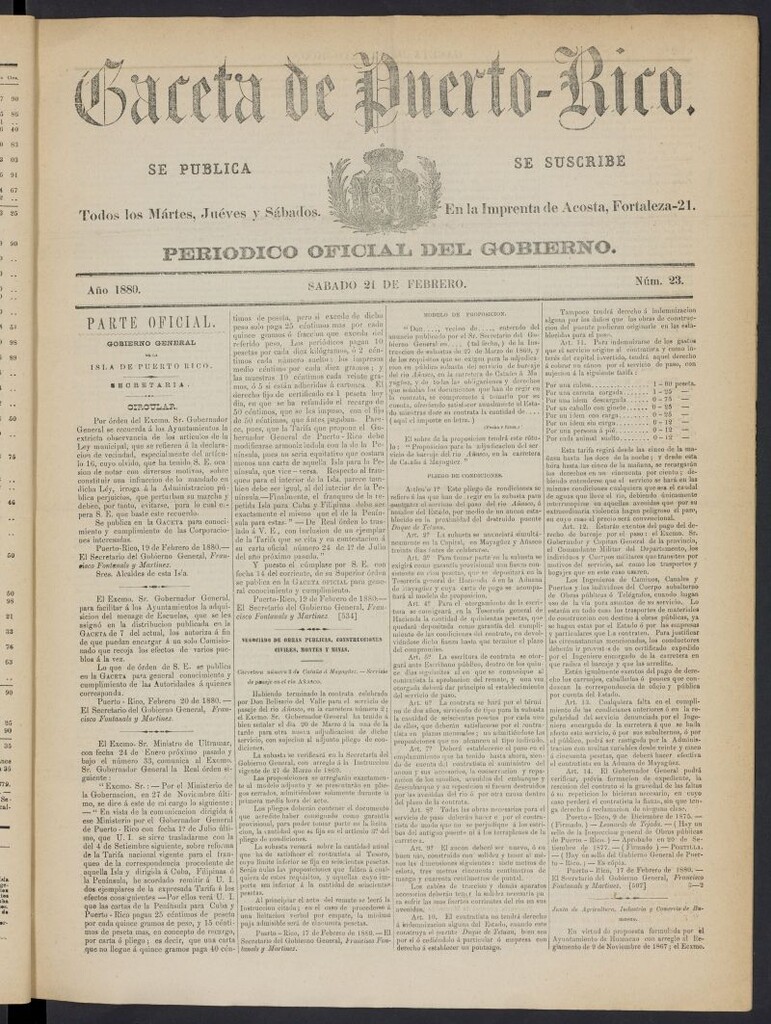 Miniatura de Gaceta de Puerto Rico: periódico oficial del gobierno del 21 de febrero de 1880, nº 23