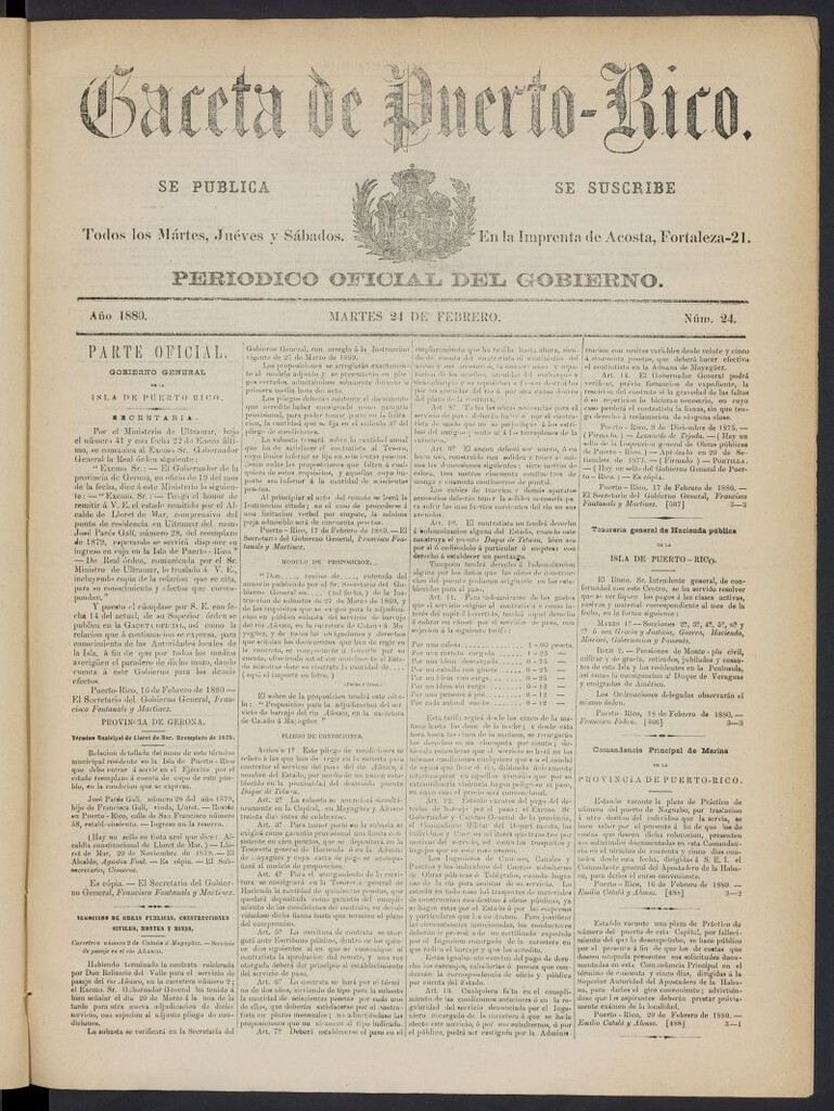Miniatura de Gaceta de Puerto Rico: periódico oficial del gobierno del 24 de febrero de 1880, nº 24
