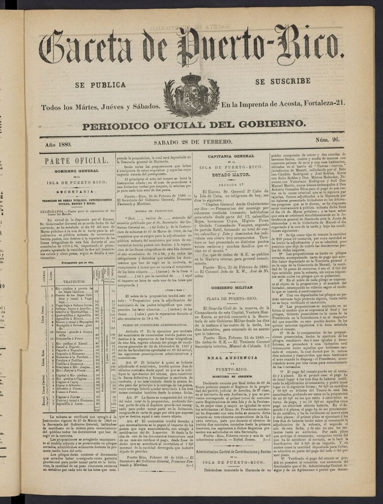 Miniatura de Gaceta de Puerto Rico: periódico oficial del gobierno del 28 de febrero de 1880, nº 26
