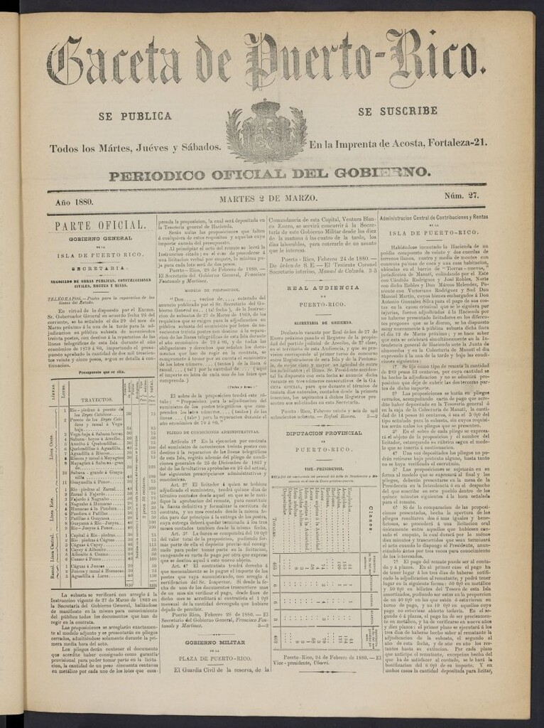 Miniatura de Gaceta de Puerto Rico: periódico oficial del gobierno del 2 de marzo de 1880, nº 27