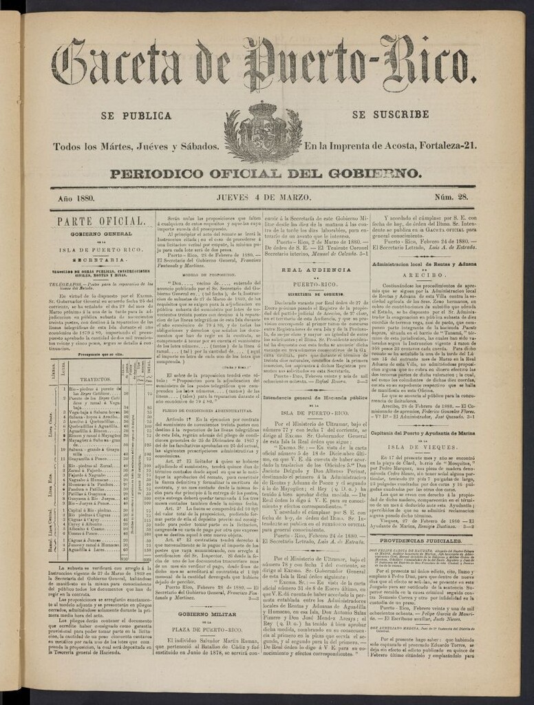 Miniatura de Gaceta de Puerto Rico: periódico oficial del gobierno del 4 de marzo de 1880, nº 28