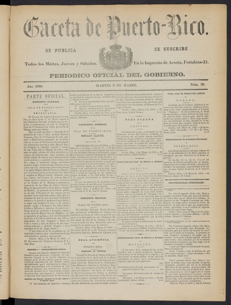 Miniatura de Gaceta de Puerto Rico: periódico oficial del gobierno del 9 marzo de 1880, nº 30