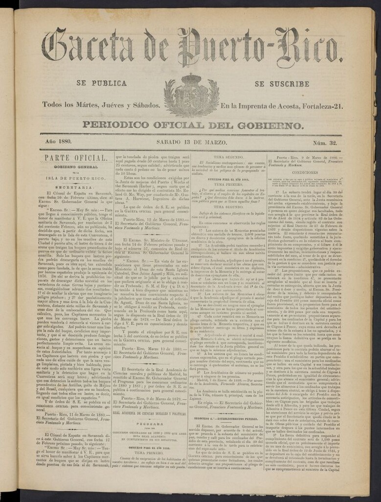 Miniatura de Gaceta de Puerto Rico: periódico oficial del gobierno del 13 de marzo de 1880, nº 32