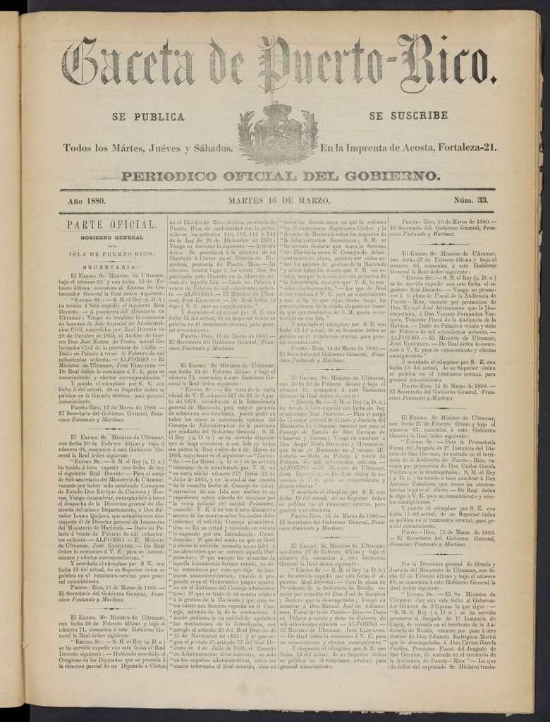 Miniatura de Gaceta de Puerto Rico: periódico oficial del gobierno del 16 de marzo de 1880, nº 33