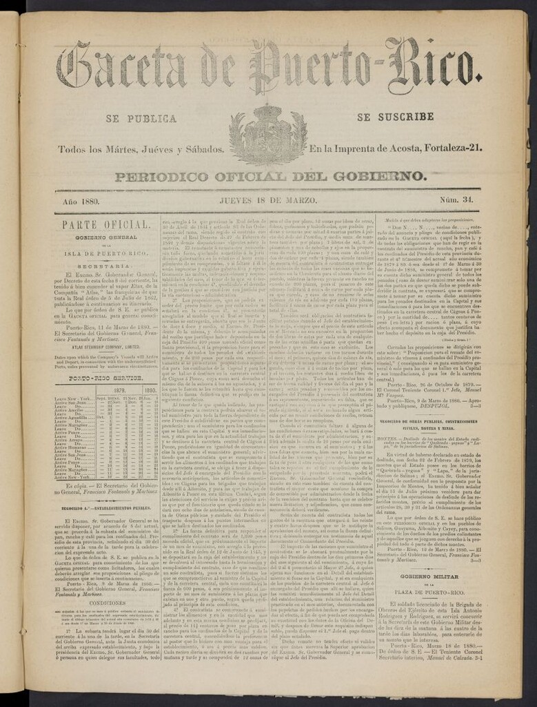 Miniatura de Gaceta de Puerto Rico: periódico oficial del gobierno del 18 de marzo de 1880, nº 34