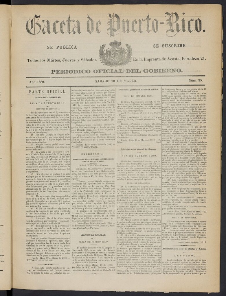 Miniatura de Gaceta de Puerto Rico: periódico oficial del gobierno del 20 de marzo de 1880, nº 33