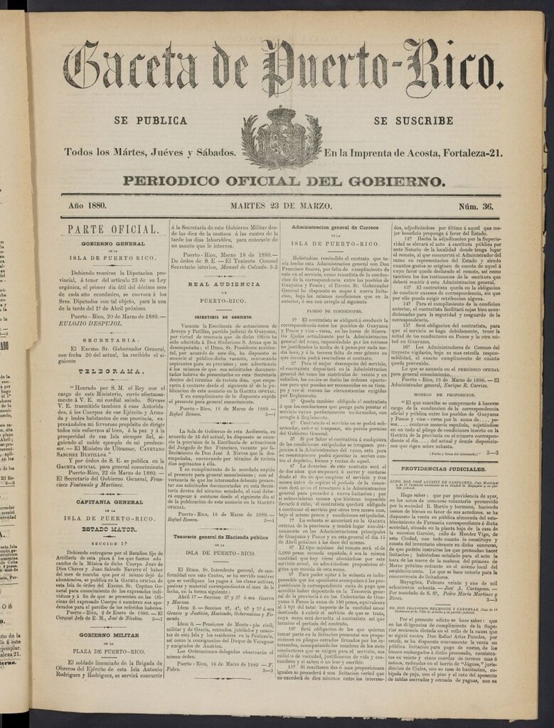 Miniatura de Gaceta de Puerto Rico: periódico oficial del gobierno del 23 de marzo de 1880, nº 36