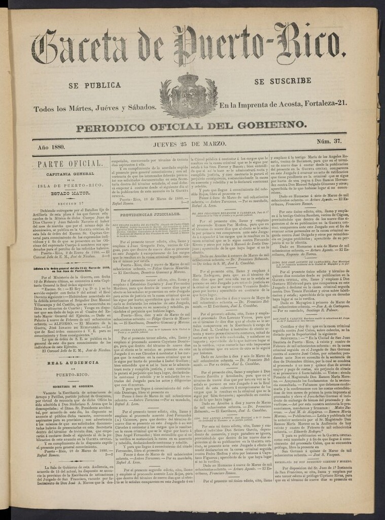 Miniatura de Gaceta de Puerto Rico: periódico oficial del gobierno del 25 de marzo de 1880, nº 37