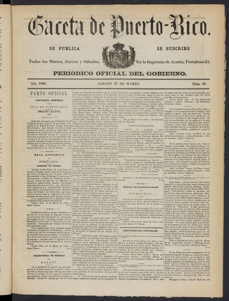 Miniatura de Gaceta de Puerto Rico: periódico oficial del gobierno del 27 de marzo de 1880. nº 38