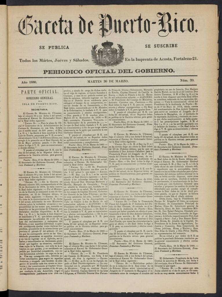 Miniatura de Gaceta de Puerto Rico: periódico oficial del gobierno del 30 de marzo de 1880, nº 39