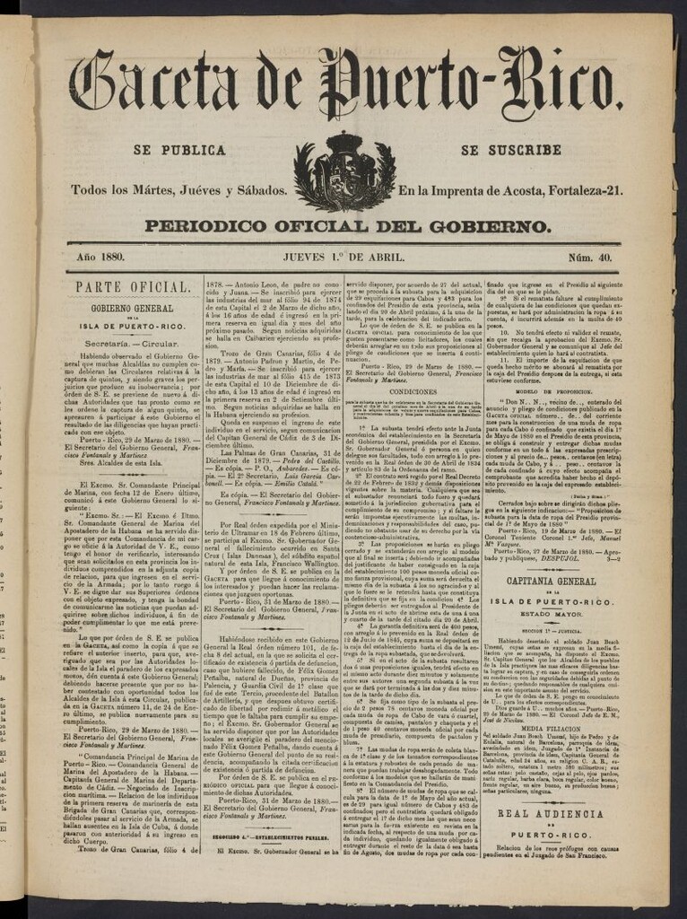Miniatura de Gaceta de Puerto Rico: periódico oficial del gobierno del 1 de abril de 1880, nº 40