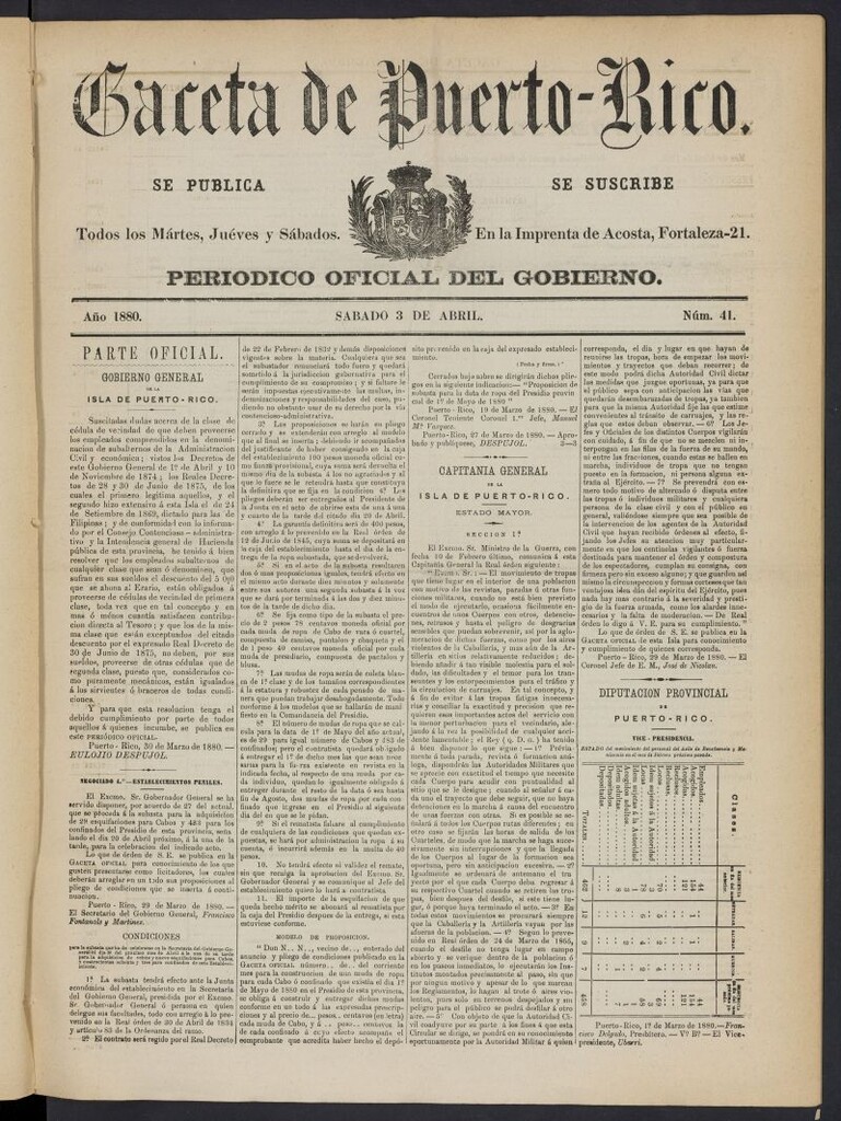 Miniatura de Gaceta de Puerto Rico: periódico oficial del gobierno del 3 de abril de 1880, nº 41