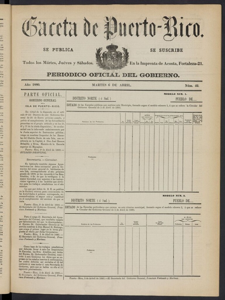 Miniatura de Gaceta de Puerto Rico: periódico oficial del gobierno del 6 de abril de 1880, nº 42
