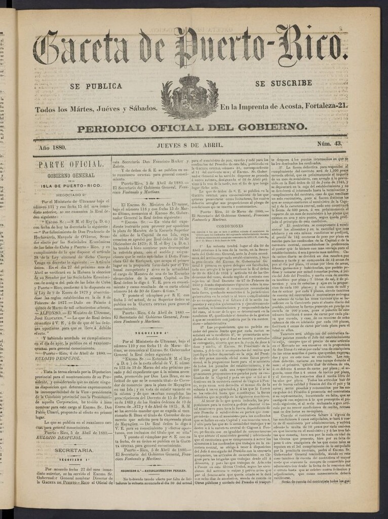 Miniatura de Gaceta de Puerto Rico: periódico oficial del gobierno del 8 de abril de 1880, nº 43