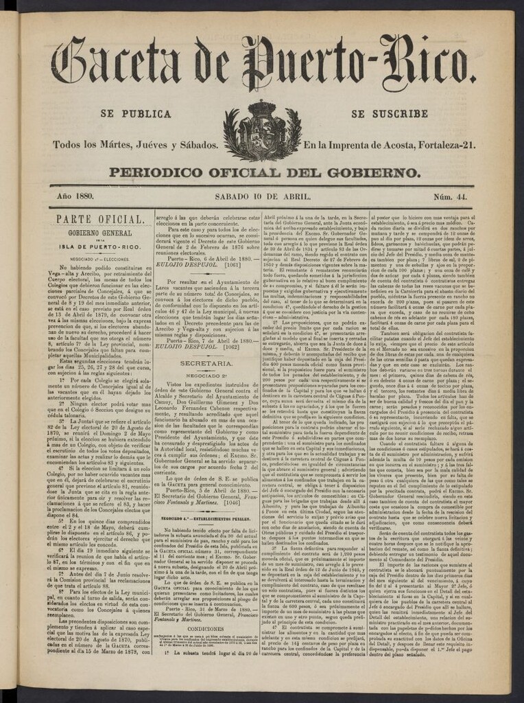 Miniatura de Gaceta de Puerto Rico: periódico oficial del gobierno del 10 de abril de 1880, nº 44
