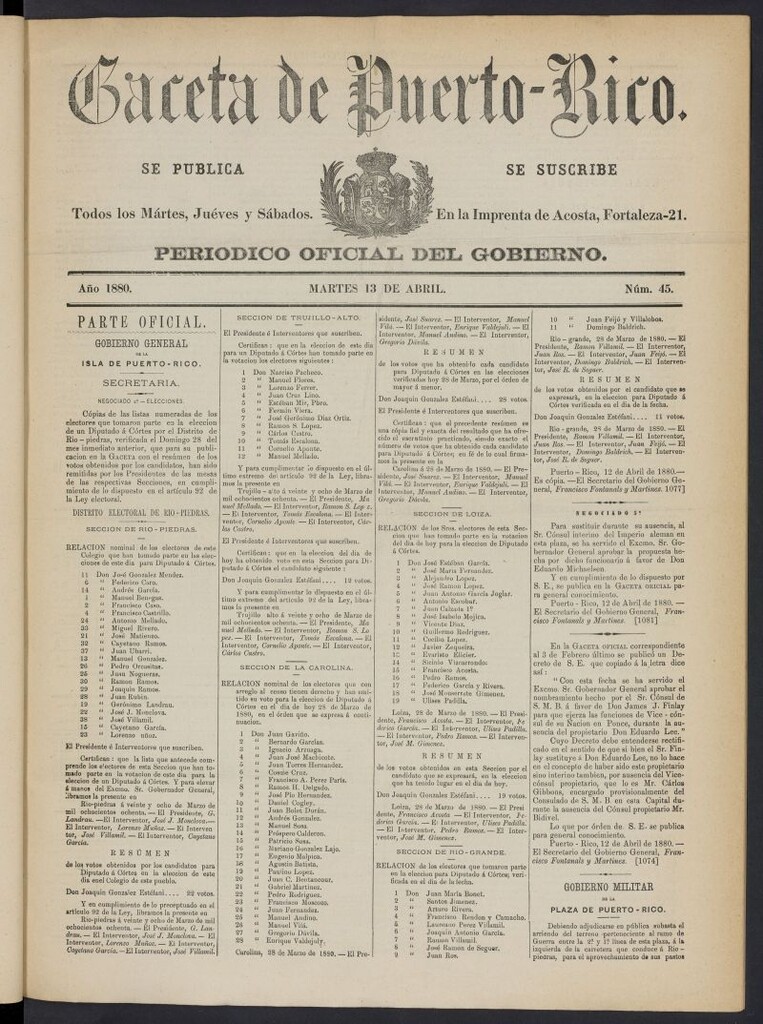 Miniatura de Gaceta de Puerto Rico: periódico oficial del gobierno del 13 de abril de 1880, nº 45