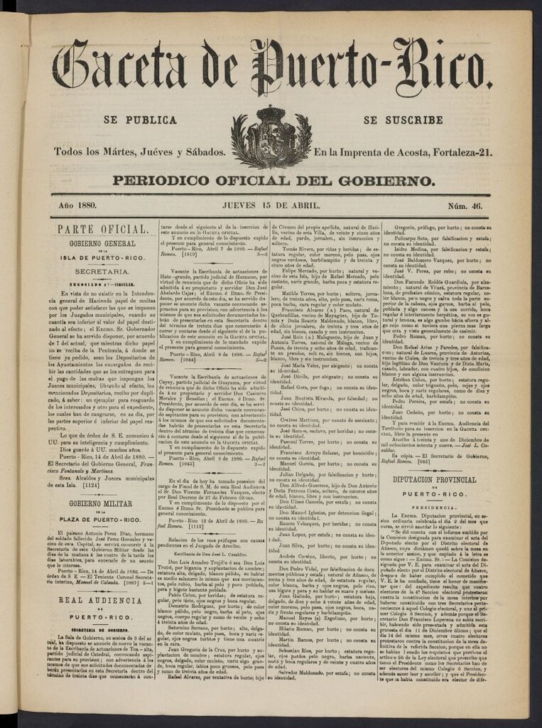 Miniatura de Gaceta de Puerto Rico: periódico oficial del gobierno del 15 de abril de 1880, nº 46
