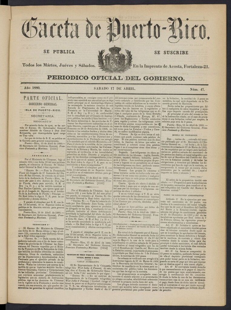 Miniatura de Gaceta de Puerto Rico: periódico oficial del gobierno del 17 de abril de 1880, nº 47