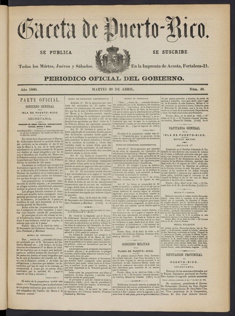 Miniatura de Gaceta de Puerto Rico: periódico oficial del gobierno del 20 de abril de 1880, nº 48
