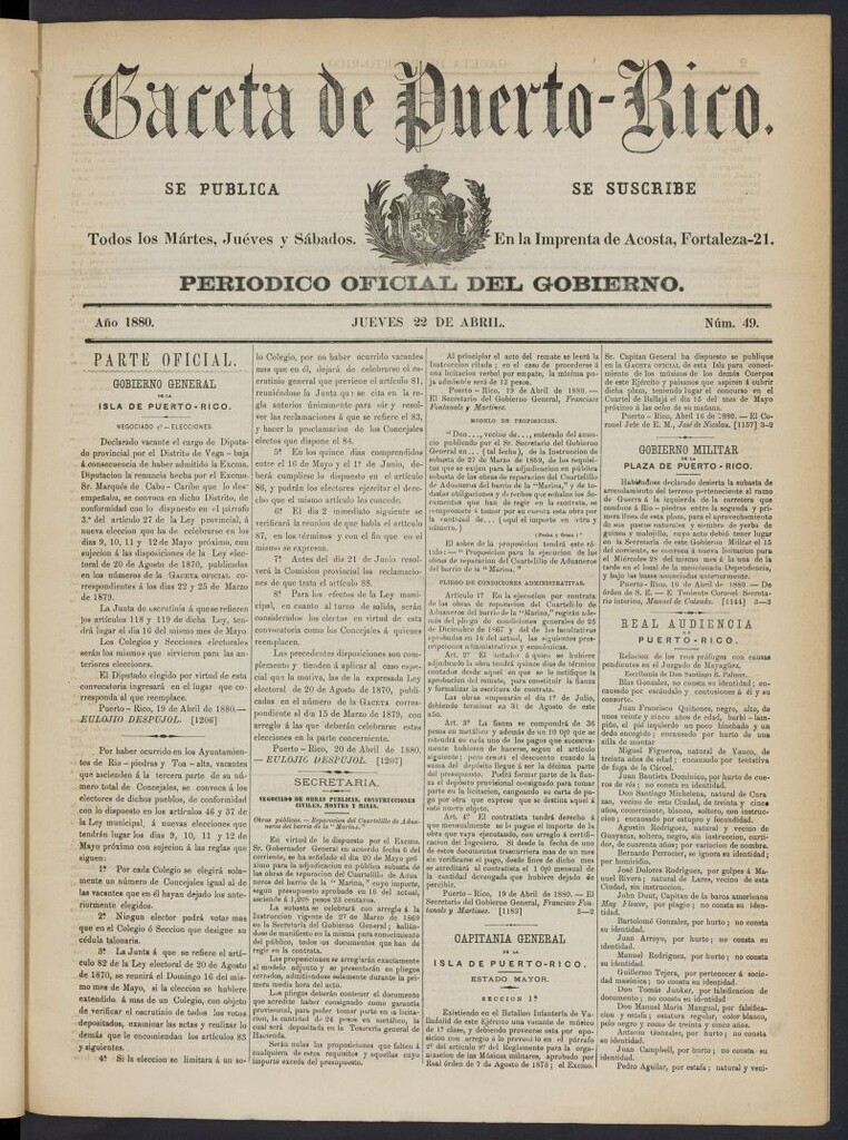 Miniatura de Gaceta de Puerto Rico: periódico oficial del gobierno del 22 de abril de 1880, nº 49