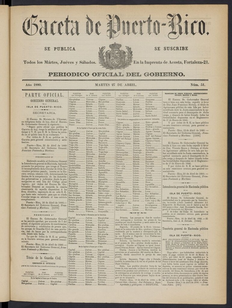 Miniatura de Gaceta de Puerto Rico: periódico oficial del gobierno del 27 de abril de 1880, nº 51