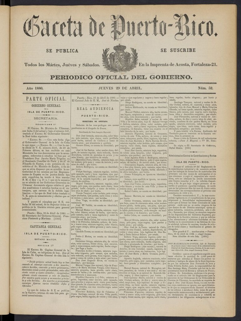 Miniatura de Gaceta de Puerto Rico: periódico oficial del gobierno del 29 de abril de 1880, nº 52
