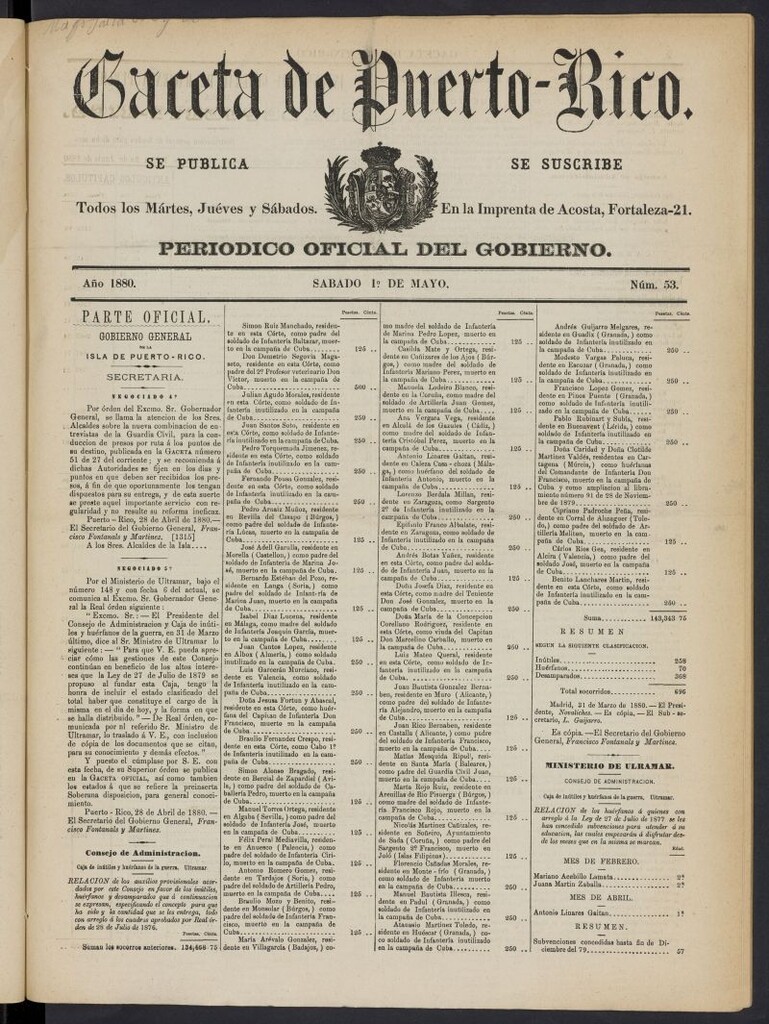Miniatura de Gaceta de Puerto Rico: periódico oficial del gobierno del 1 de mayo e 1880, nº 53