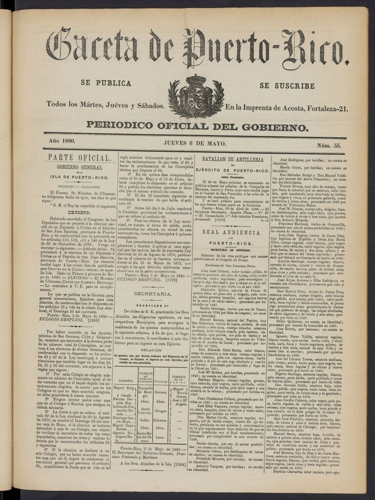 Miniatura de Gaceta de Puerto Rico: periódico oficial del gobierno del 6 de mayo de 1880, nº 55
