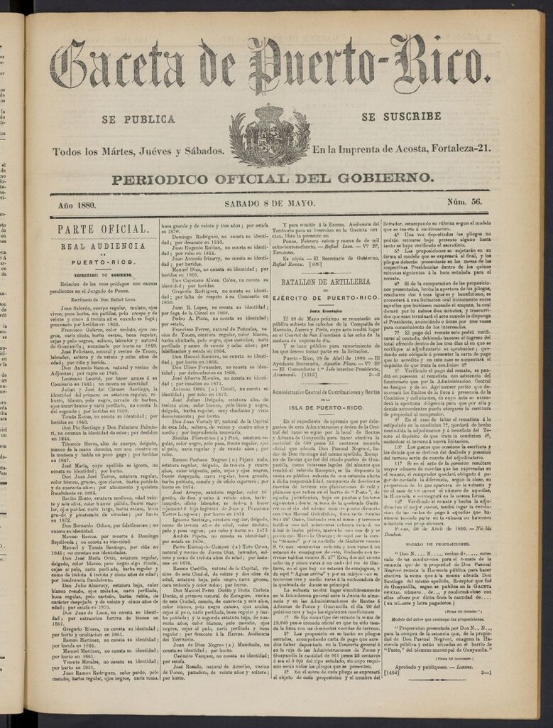 Miniatura de Gaceta de Puerto Rico: periódico oficial del gobierno del 8 de mayo de 1880, nº 56