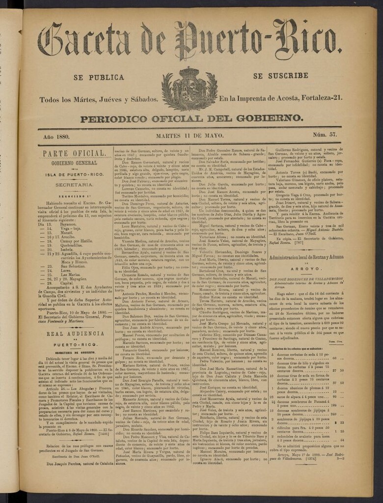 Miniatura de Gaceta de Puerto Rico: periódico oficial del gobierno del 11 de mayo de 1880, nº 57