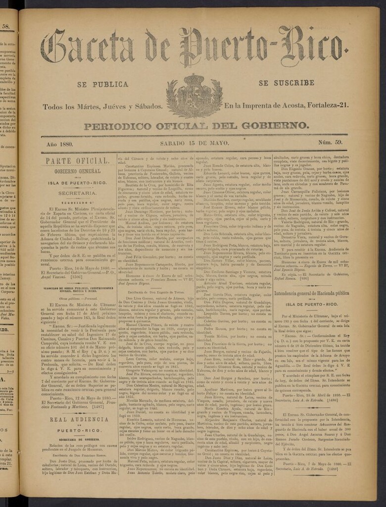 Miniatura de Gaceta de Puerto Rico: periódico oficial del gobierno del 15 de mayo de 1880, nº 59