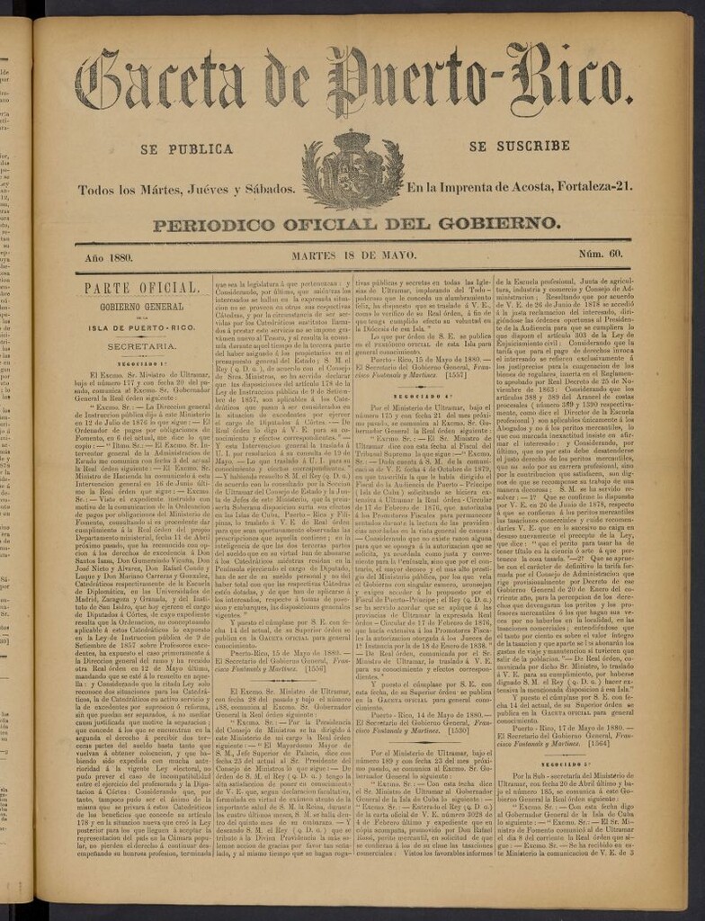 Miniatura de Gaceta de Puerto Rico: periódico oficial del gobierno del 18 de mayo de 1880, nº  60