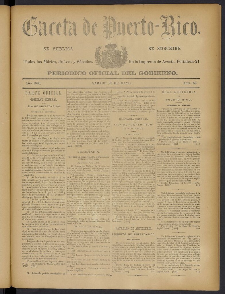 Miniatura de Gaceta de Puerto Rico: periódico oficial del gobierno del 22 de mayo de 1880, nº 62