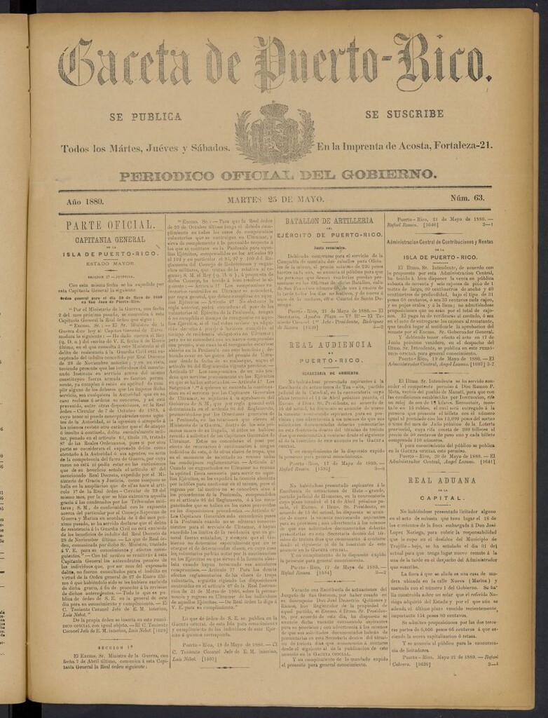 Miniatura de Gaceta de Puerto Rico: periódico oficial del gobierno del 25 de mayo de 1880, nº 63