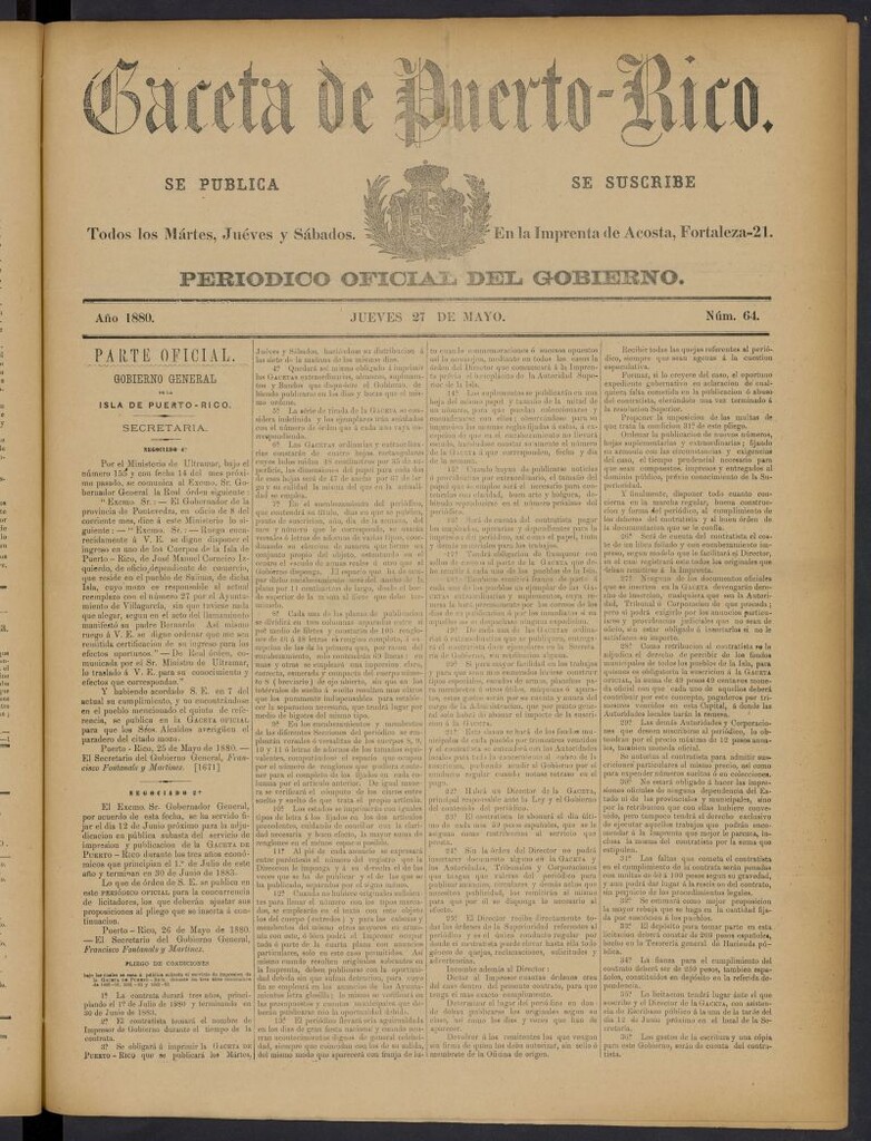 Miniatura de Gaceta de Puerto Rico: periódico oficial del gobierno del 27 de mayo ade 1880, nº 64