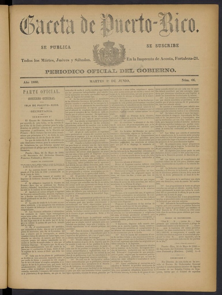 Miniatura de Gaceta de Puerto Rico: periódico oficial del gobierno del 1 de junio de 1880, nº 66