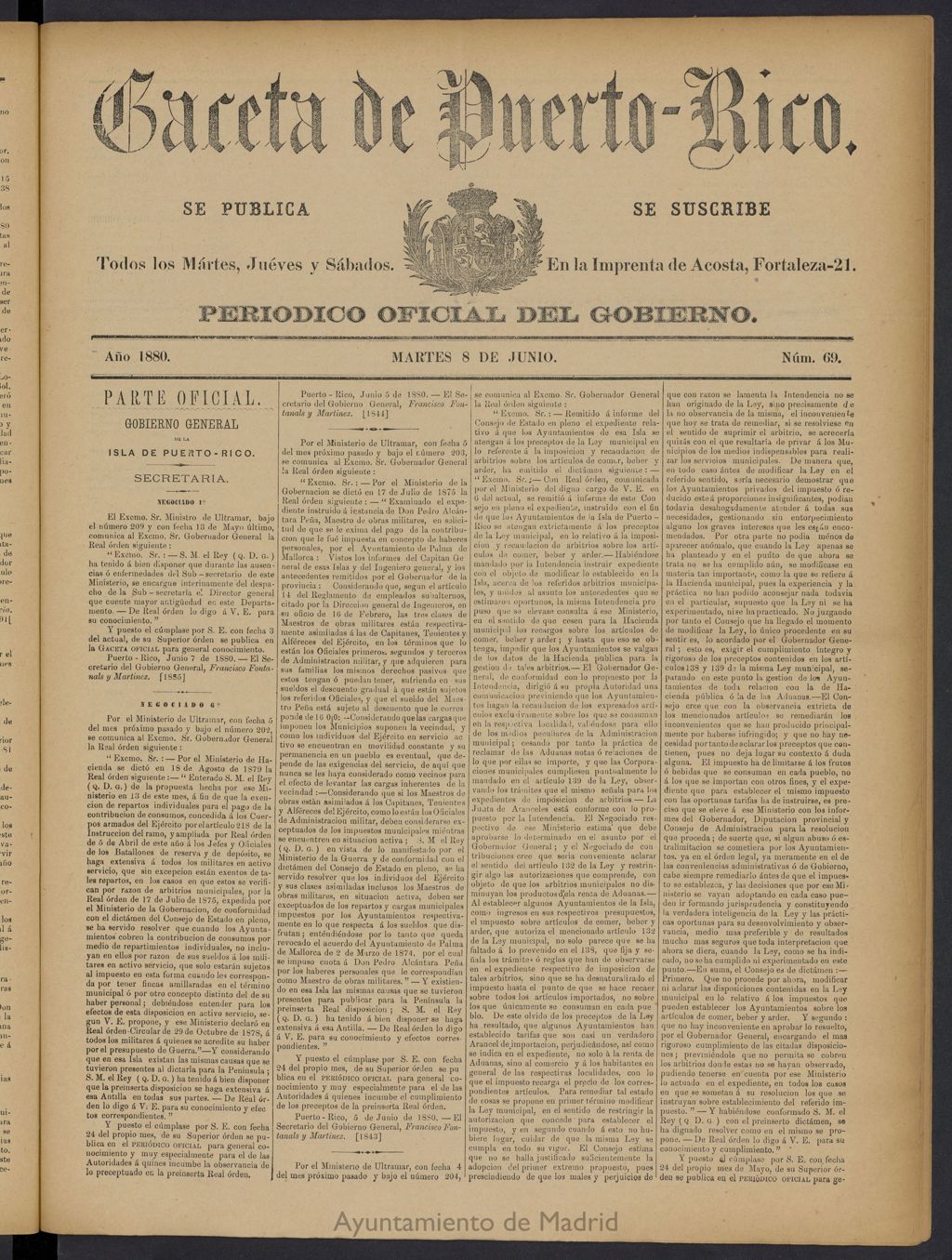Miniatura de Gaceta de Puerto Rico: periódico oficial del gobierno del 8 de junio de 1880, nº 69
