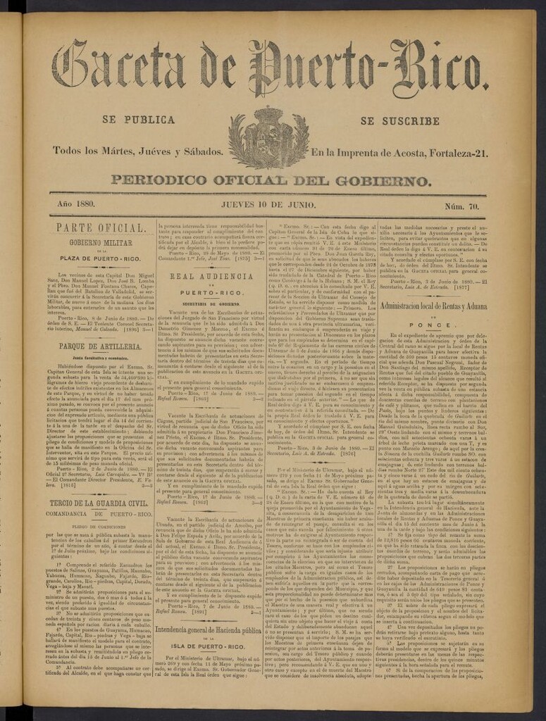 Miniatura de Gaceta de Puerto Rico: periódico oficial del gobierno del 10 de junio de 1880, nº 70