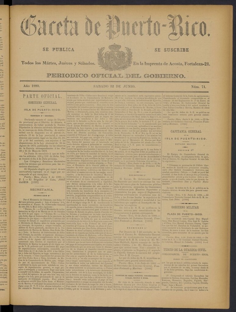 Miniatura de Gaceta de Puerto Rico: periódico oficial del gobierno del 12 de junio de 1880, nº 71