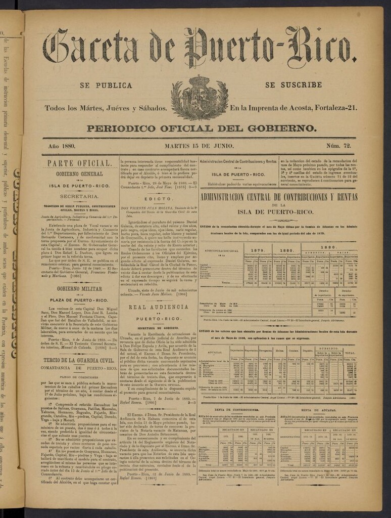 Miniatura de Gaceta de Puerto Rico: periódico oficial del gobierno del 15 de junio de 1880, nº 72