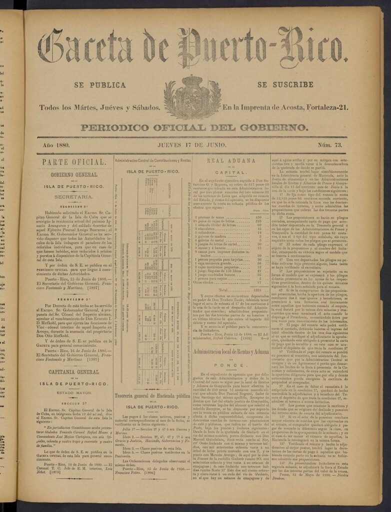 Miniatura de Gaceta de Puerto Rico: periódico oficial del gobierno del 17 de junio de 1880, nº 73