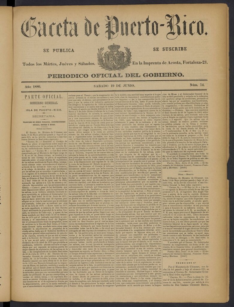 Miniatura de Gaceta de Puerto Rico: periódico oficial del gobierno del 19 de junio de 1880, nº 74