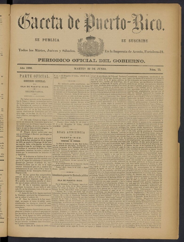 Miniatura de Gaceta de Puerto Rico: periódico oficial del gobierno del 22 de junio de 1880, nº 75