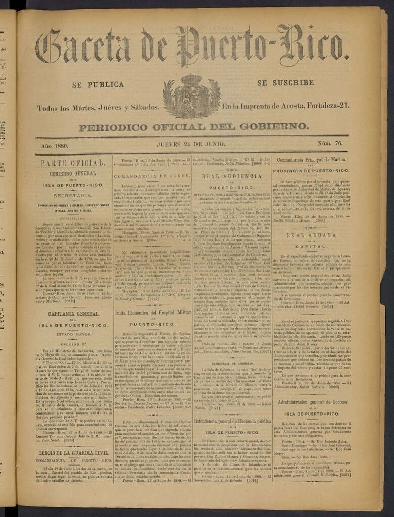 Miniatura de Gaceta de Puerto Rico: periódico oficial del gobierno del 24 de junio de 1880, nº 76