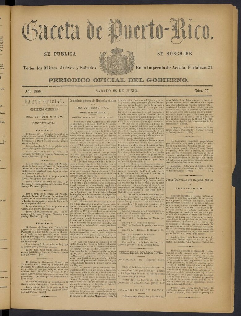 Miniatura de Gaceta de Puerto Rico: periódico oficial del gobierno del 26 de junio de 1880, nº 77