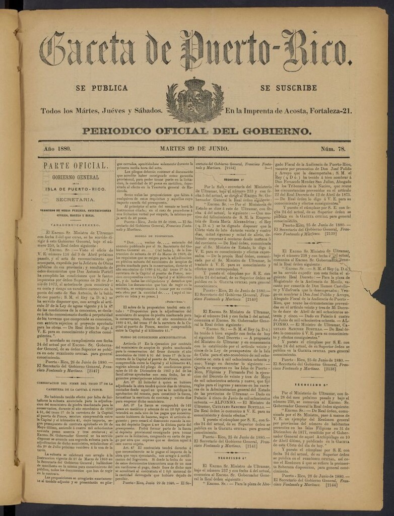 Miniatura de Gaceta de Puerto Rico: periódico oficial del gobierno del 29 de junio de 1880, nº 78