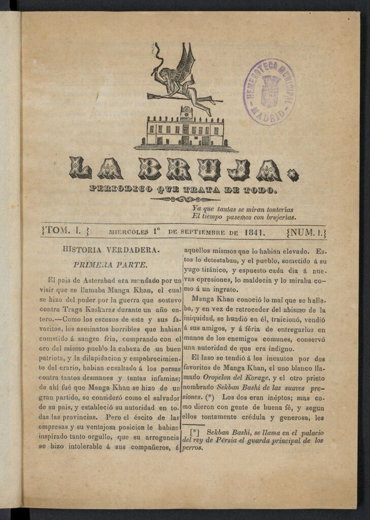 Miniatura de La Bruja: periódico que trata de todo del 1 de septiembre de 1841, nº 1