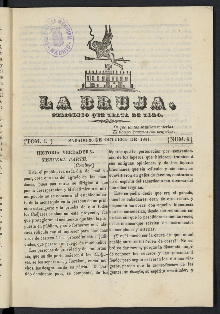 Miniatura de La Bruja: periódico que trata de todo del 30 de octubre de 1841, nº 6